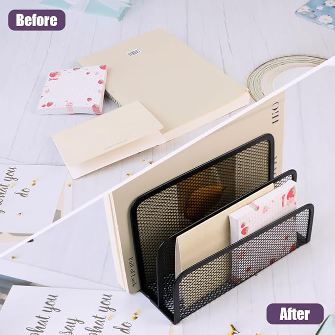 Desk Mail Organizer, 2 Pack Metal Mesh Small File Holders with 6 Metal Clips Letter Organiser Countertop with 3-Slot, Office Mail Sorter Organizer for Bill Paper Folder Document (Black)