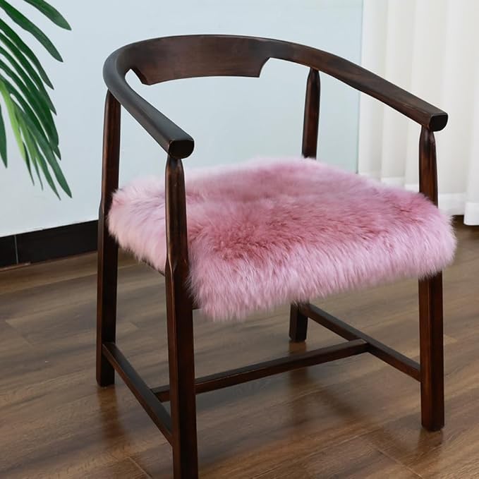 LLB Sheepskin Chair Covers Office Chair Cushion Dining Room Chair Pads Desk Chair Seat Cushion for Computer Fur Area Rugs for Living Room 18x18 Inch (Pack of 1), Light Pink