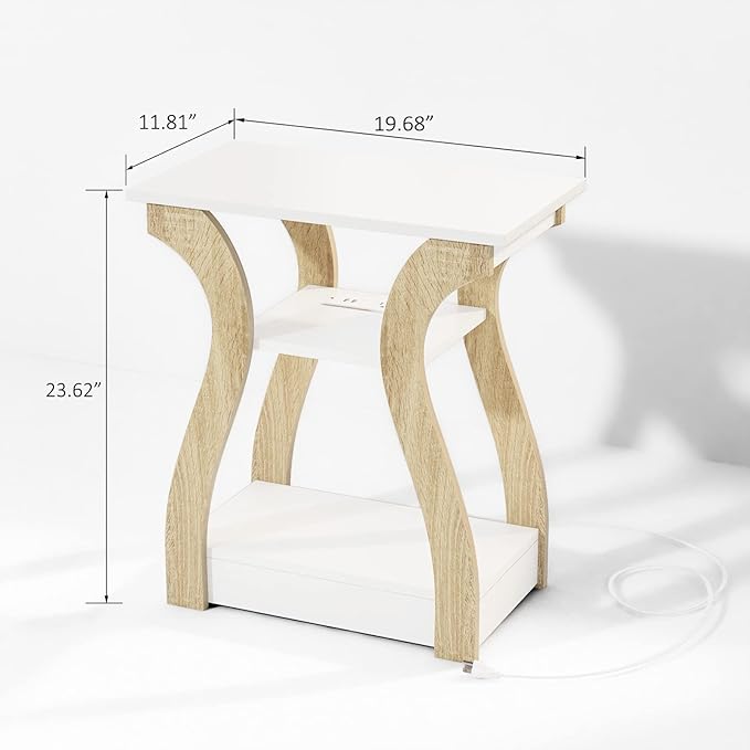 FROMJBEST End Table Set of 2 with Charging Station, Side Table with USB Ports and Outlets, Nightstand, 3 Tier End Table with Storage Shelf for Living Room, Bedroom (White Set of 2)
