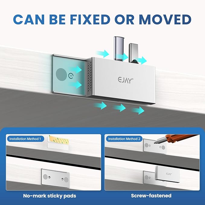 EJAY 4-Port Magnetic USB 3.0 Hub with 5Gbps Speed, Aluminum USB Adapter for MacBook/Laptop/Desktop, Industrial-Strength Magnetic Mount, 3-Way Installation, 59"+39" Cables, Silver