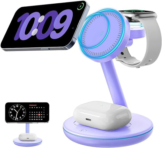 2026 3 in 1 Charging Station for Apple iPhone AirPods Watch with Mag-Safe Charger Wireless Charger Stand for iPhone 17 16 15 14 13 12 Series AirPods iWatch Series - Gifts for Wife & Husband(Purple)