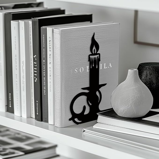 Peacoblue Metal Bookends for Shelves, Modern Decorative Heavy Duty Study Book Support Stoppers for Office, Desk, Shelf, Room 5.3"x4.3"x7.9" Cast Iron Tall Bookends, 1 Pair (Quill Pen and Candlestick)