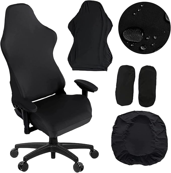 Gaming Chair Cover, Ergonomic Office Computer Game Chair Slipcovers, Stretchy Polyester Covers, 4pc/Set with Armrest Covers/Back/Seat Cover for Reclining Racing Gaming Chair Black