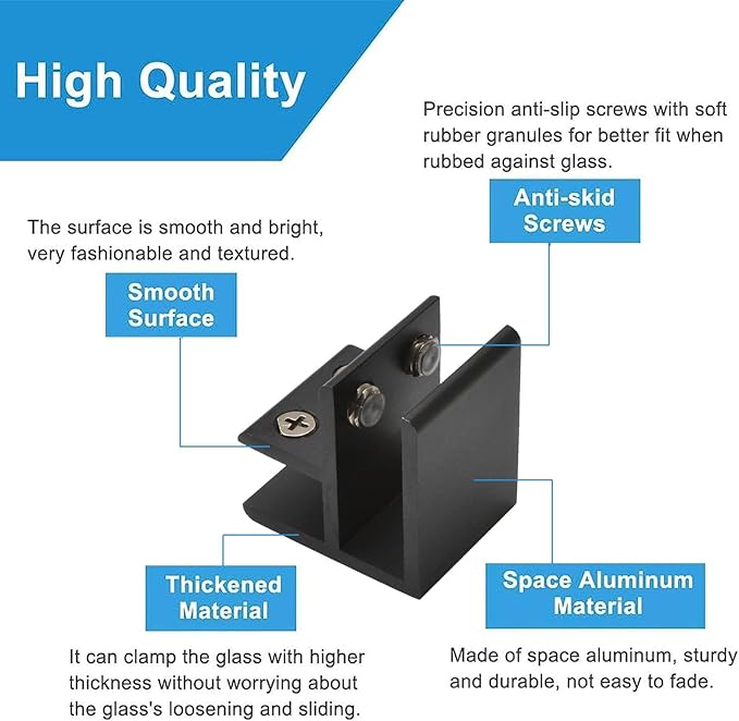 INCREWAY Glass Clamp, 4Pcs Adjustable 90 Degrees Glass Clips Aluminum Alloy Glass Shelf Support Bracket, Glass Holder Connector for 14-16mm Thick Glass, Black