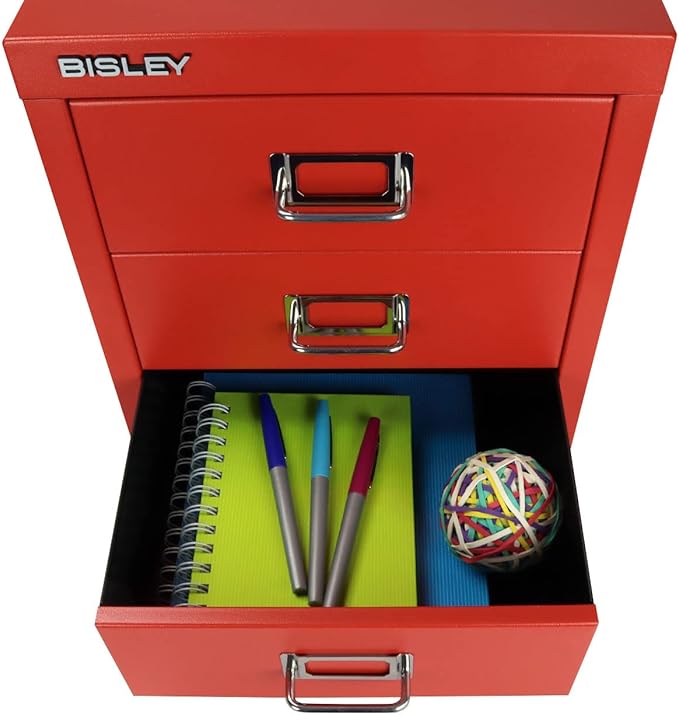Bisley 3-Drawer Steel MultiDrawer Cabinet - Cardinal Red, Chrome Pull Handles with Label Holders, Powder-Coated Steel, Removable Drawers, Desktop Storage, Labels Included