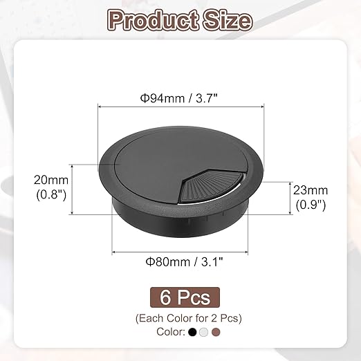PATIKIL 3.1 Inch/80mm Desk Grommet, 6Pcs Cable Grommet Wire Management Cable Hole Cover Cord Organizer for Office Home Table Countertop, Silver/Black/Brown