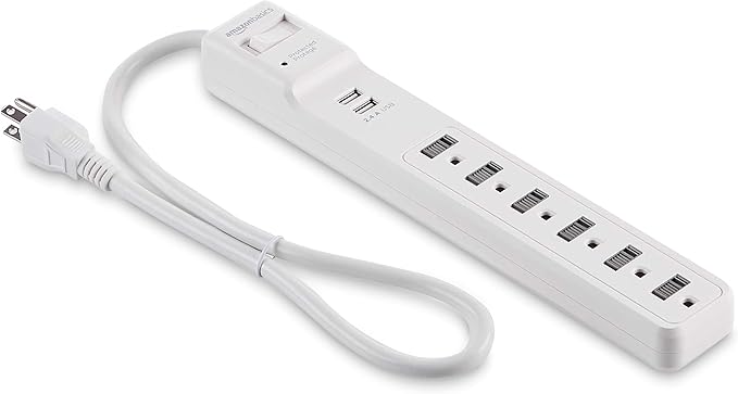 Amazon Basics Power Strip Surge Protector with 6 Outlets, 2 USB Ports, 1000 Joule Protection, 6-Foot Extension Cord, White