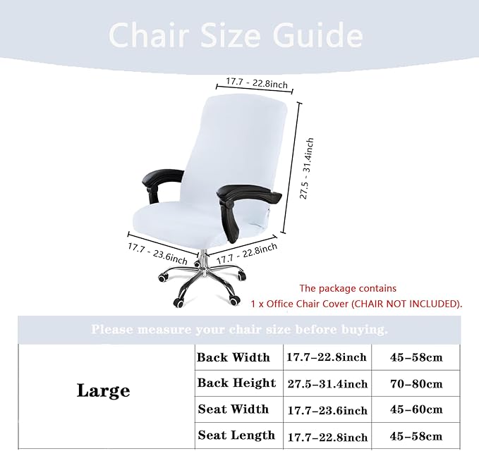 Office Chair Cover,Removable Desk Chair Cover with Zipper,Stretch Anti-dust Universal Rotating Office Seat Slipcover,Washable High Back Computer Seat Protector for Pets (White, Large)