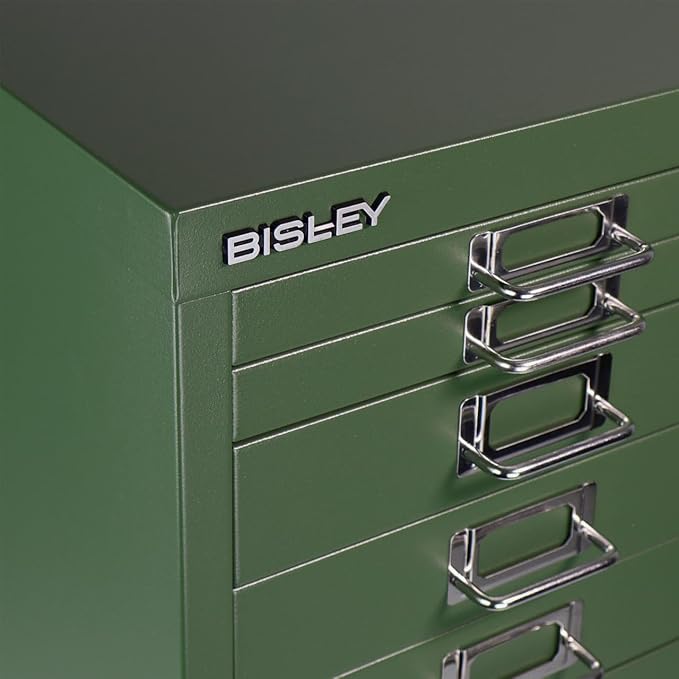Bisley 8-Drawer Steel MultiDrawer Cabinet - Olive Green, Chrome Pull Handles with Label Holders, Powder-Coated Steel, Removable Drawers, Fits Under Most Desks, Labels Included