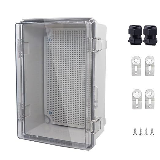 IP67 Waterproof Junction Box, ABS Plastic Electrical Enclosure with Stainless Steel Latch, Hinged Cover Electric Box with Mounting Plate, Wall Brackets & Cable Glands 280x190x130mm