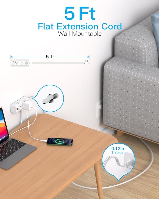 5Ft Extension Cord with Multiple Outlets, Flat Plug Power Strip Surge Protector with 5 Ft Long Cord, 6 Outlet 3 USB Ports (1 USB C), Multi Outlet Wall Plug for Travel, College, Dorm Room Essentials