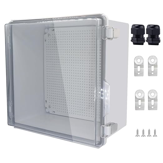 IP67 Waterproof Junction Box, ABS Plastic Electrical Enclosure with Stainless Steel Latch, Hinged Cover Electric Box with Mounting Plate, Wall Brackets & Cable Glands 300x300x180mm
