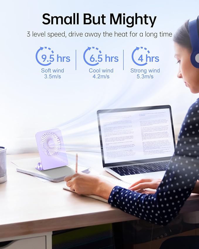 TriPole Desk Fan Small Portable Fan 2000 mAh Rechargeable Battery Ultra Quiet 4.5 Inch Mini Travel Fan with 180° Tilt Folding and 3 Speeds Adjustable for Home Office Desktop Purple