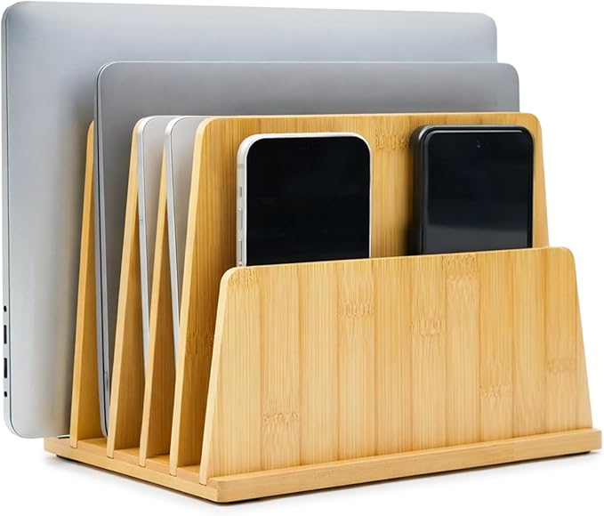 Unittype Bamboo Multi Device Organizer, 5 Slots Vertical Laptop Storage Rack, Computer Charging Station for Smartphones, Tablets and Laptops, Space Saving Organizer for Home Office