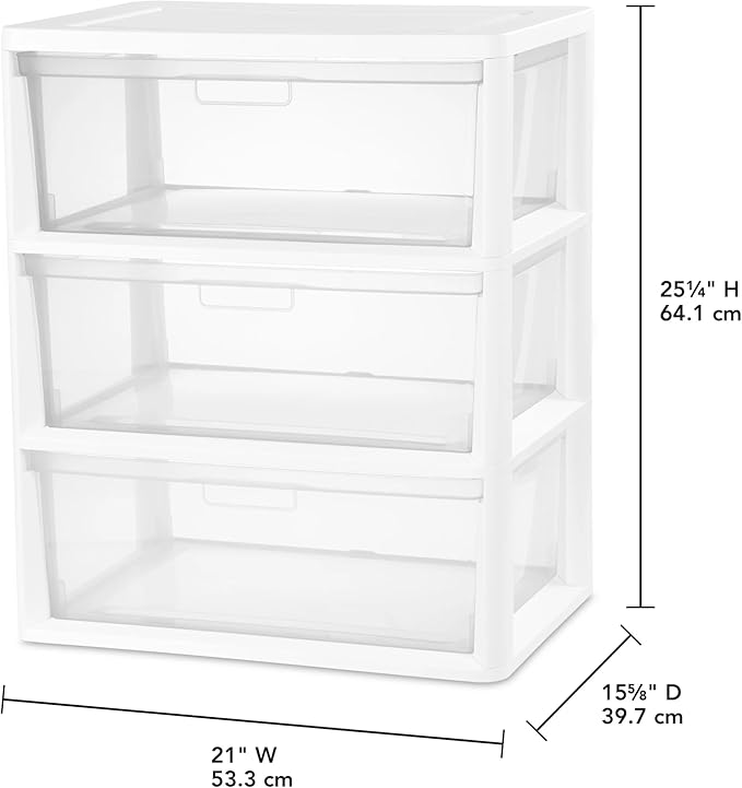 Plastic Drawer Wide Tower Plastic Storage Cart with Clear Pull Out Drawers, Black (White, 3 Drawer Wide Tower Broad)