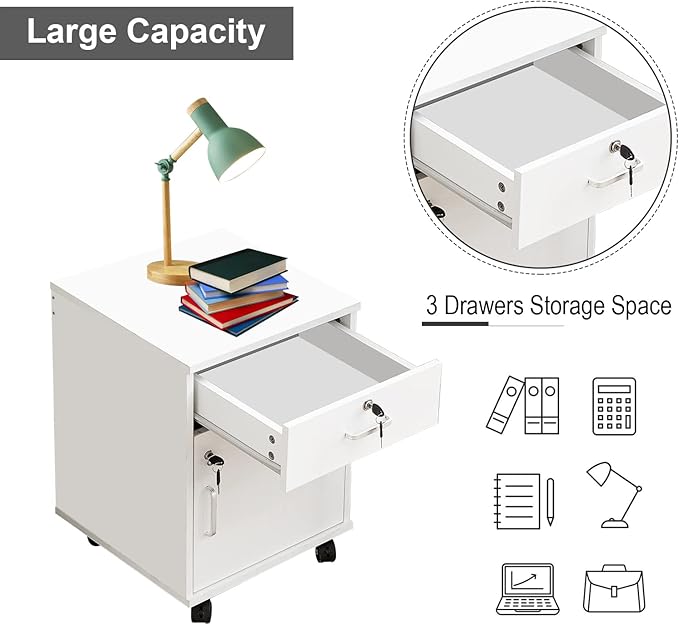OFCASA 2 Drawer File Cabinet with Lock, Small Rolling Filing Cabinets for Home Office, Wood Under Desk File Cabinet with Wheels, Mobile Storage Organizer, Printer Stand for Letter/Legal, White
