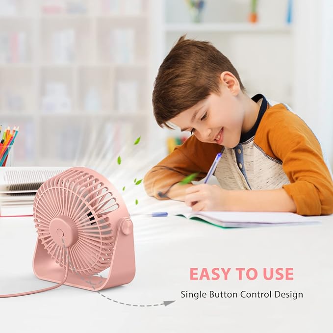 FARADAY USB Desk Fans 5 Inches Portable Table Fans 360° Head Rotation Small Personal Desktop Fan for Home Office, 3 Speeds, Pink
