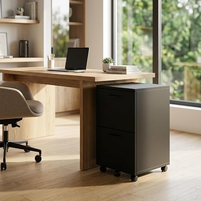 2 Drawer File Cabinet with Lockable Wheels, Rolling Filing Cabinet for Home Office, Wooden Mobile File Cabinet with Printer Stand, Under Desk Storage Organizer, Ink Black