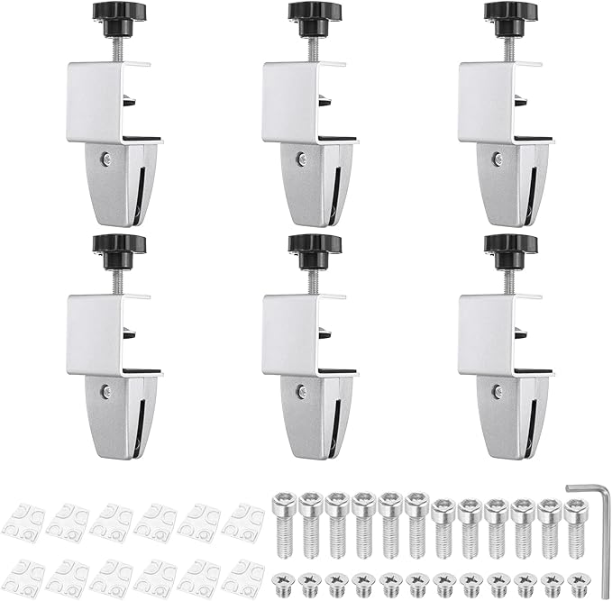 PATIKIL 6 Pcs 1/8" to 1/2" Adjustable Desk Divider Partition Clips, Aluminum Sneeze Guard Support Clamps Desktop Divider Clips for Offices Stores, Counter Privacy Panel,Silver