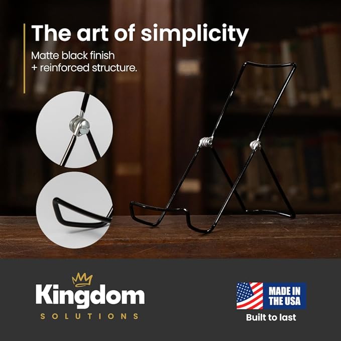 KINGDOM SOLUTIONS MADE IN USA 6-Pack Adjustable Black Metal Easels - Book Stand - Sturdy Plate Stand for Art, Pictures, Books, Frames - Unique on the Market