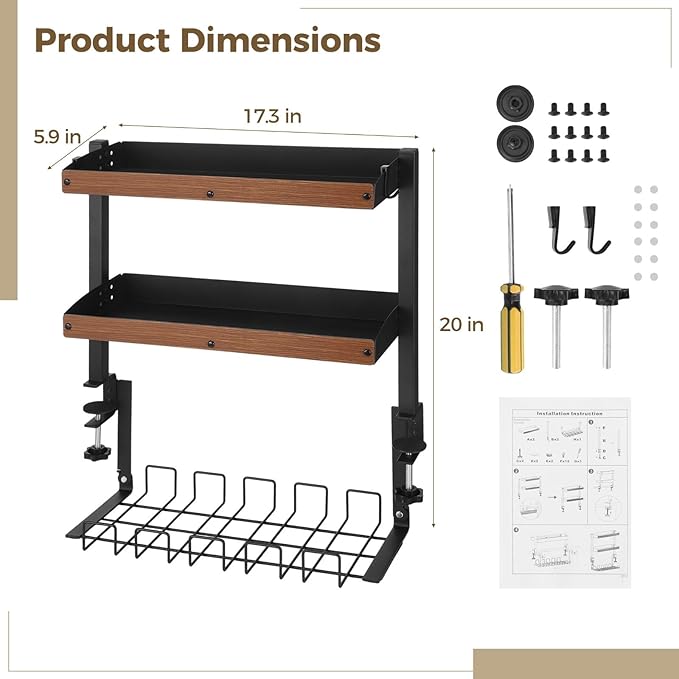 Clamp-On 3-Tier Desk Shelf, Metal Rack with Wood Grain Shelves, Adjustable Above & Under Desk Storage, Extension Socket Holder, for Home Office Or Gaming