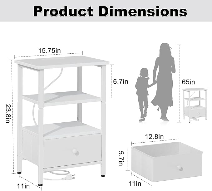 Side Table with Charging Station, Nightstand with Adjustable Fabric Drawer, Bedside Table for Bedrooms, Living Rooms & Home Decor (White)