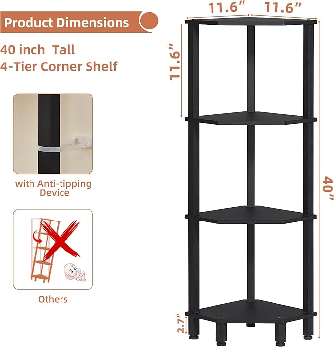 YUFAM 4-Tier Corner Shelf with Sturdy 5-Leg Base, 40in Tall Narrow Bookcase for Small Spaces, Wooden Plant Display Shelf, Thin Bookshelf for Living Room, Bedroom, Office, Black