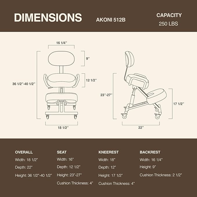 Ergonomic Kneeling Chair with Backrest, Improve Posture, Thick Cushions, Locking Wheels for Home & Office, AKONI 512B (Dim Grey)