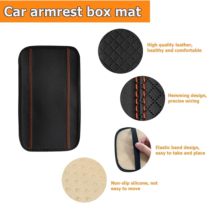 8sanlione Car Armrest Storage Box Mat, Fiber Leather Car Center Console Cover, Car Armrest Seat Box Cover Accessories Interior Protection for Most Vehicle, SUV, Truck, Car (Black/Orange)