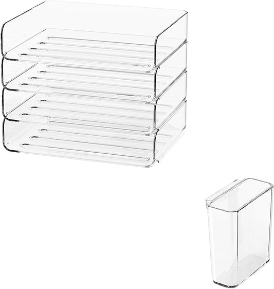 FANXIYQ 4-Tier Horizontal Acrylic Paper Tray Organizer with Pen Holder | Clear Stackable Desk Organizer for Documents, Letters, A4 Paper | Modern Office/Classroom/Home Organization