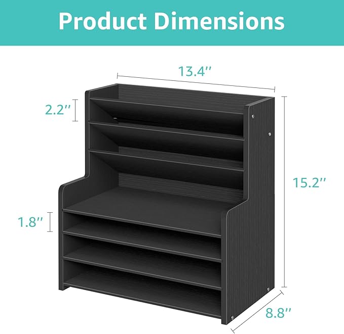 7 Tier Black Desk Organizer with File Holder, Wood Desktop Paper Organizer for Office Organization, Vertical Document Sorter and Letter Tray for Desk, School Storage Orgnizer Shlef