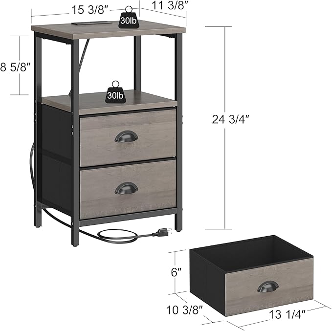 sthmec Nightstand with Charging Station, LED Night Stand with 2 Fabric Drawers, Grey Bedside Tables End Table with Drawers, 2-Tier Storage Side Table Nightstand with Drawers for Bedroom, Grey