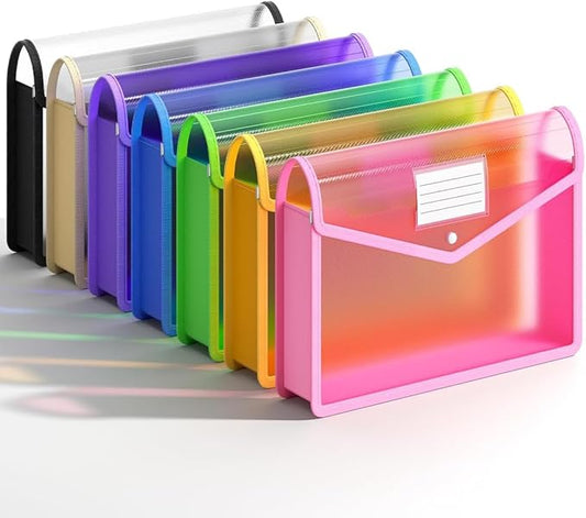 7 Pack Plastic Expanding File Folder, Transparent envelopes with Snap Closure, No Dividers, Large Capacity, Fit Legal/B4 Size for School, Office, Home, Hospital, 7 Colors