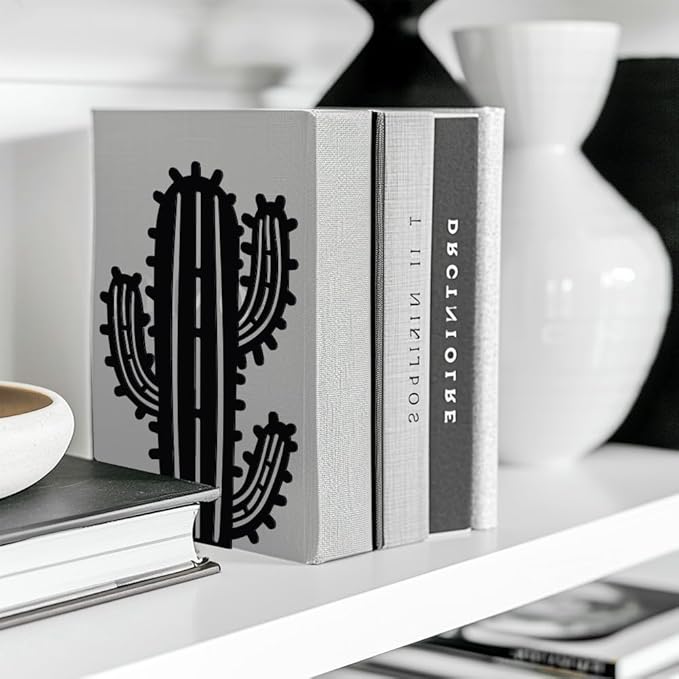 Peacoblue Metal Bookends for Shelves, Modern Decorative Heavy Duty Study Book Support Stoppers for Office, Desk, Shelf, Room 5.3"x4.3"x7.9" Cast Iron Simple Tall Bookends, 1 Pair (Cactus)