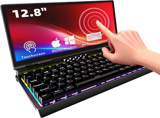 12.8" Portable Monitor Touchscreen with Mechanical Keyboard Stretched Bar Screen Extender RGB Backlit Hot-Swap USB-A Type-C Monitor for Laptop Desktop Mini PC MacBook (Driver Need)