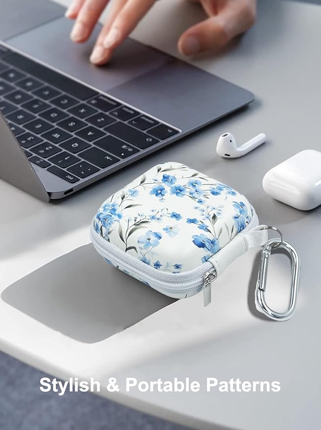 Earbud Case Headphone Organizer Ear Bud Case Portable EVA Carrying Box Storage Bag with Carabiner for AirPods Beats Bose Galaxy Buds 4/3/FE Data Cable Storage (Blue Flower)