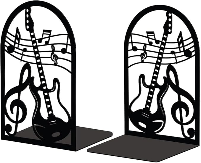 Peacoblue Metal Bookends for Shelves, Modern Decorative Heavy Duty Study Book Support Stoppers for Office, Desk, Shelf, Room 5.3"x4.3"x7.9" Cast Iron Tall Bookends, 1 Pair (Guitar and Music Note)
