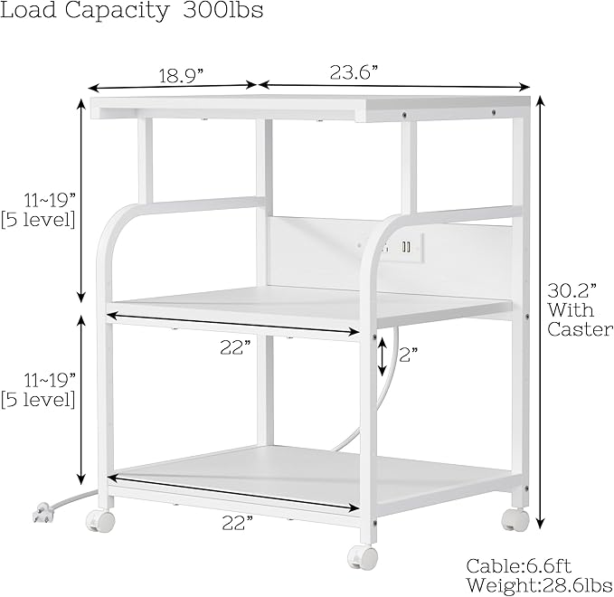 VECELO Adjustable Large Printer Stand with Power Outlet, 3-Tier Heavy Duty Cart on Lockable Wheels, Office Storage Table for Home Office, 3D Printer, Fax Machine, Scanner, Classic White