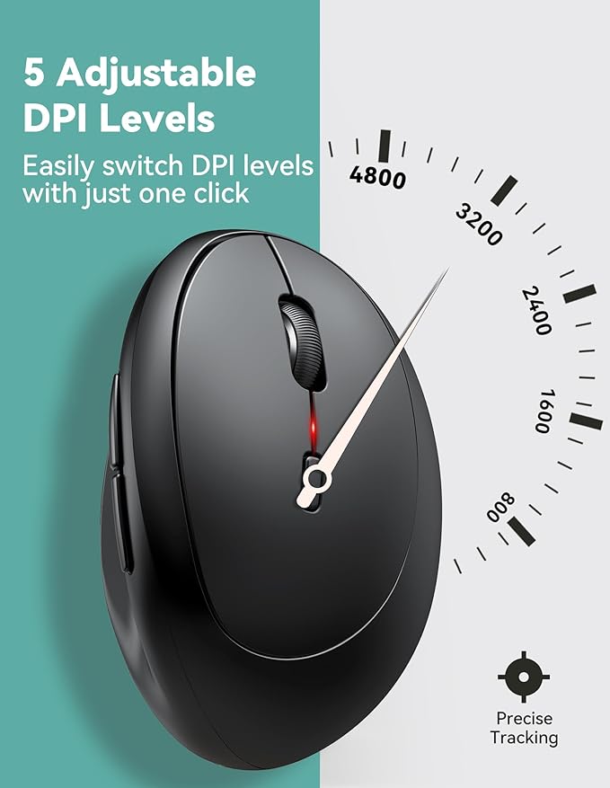 TECKNET Ergonomic Mouse, 4800 DPI Wireless Vertical Mouse, 5 Adjustable DPI Levels, 6 Buttons, 2.4G Silent Wireless Mouse for Laptop, PC, Chromebook, Mac - Dark Grey
