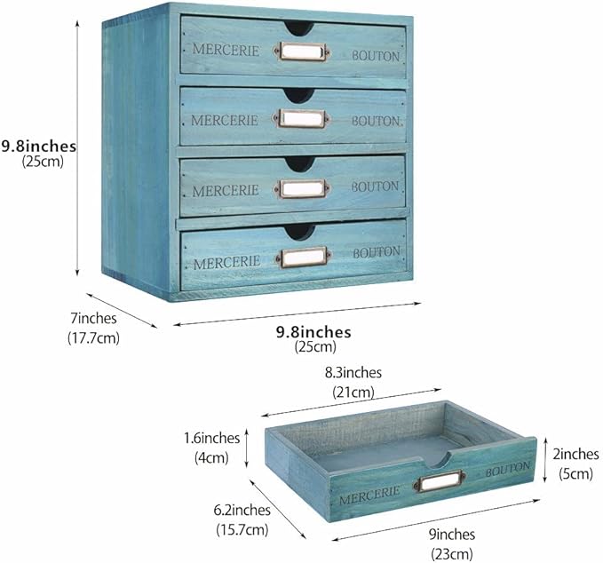 Wooden Storage Box with 4 Drawers Vintage Office Supplies and Accessories Letter Tray Wood Desktop School Supply Organizer Library Card Catalog Cabinet with Lables Rustic Jewelry Box (BLUE)