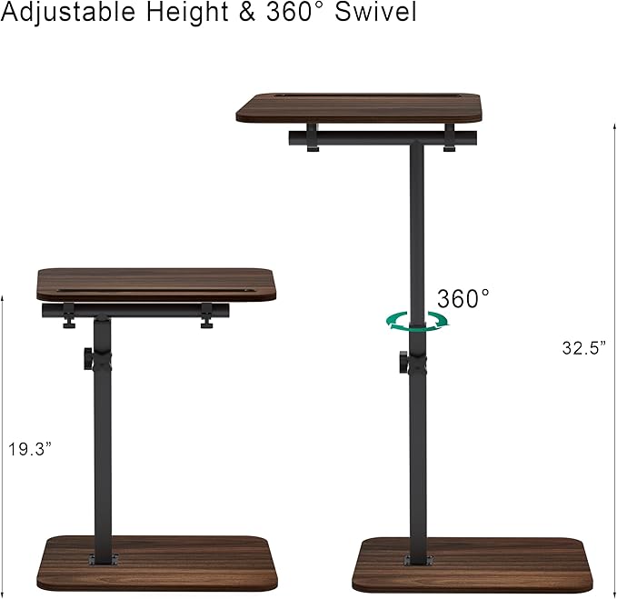 360° Swivel Sofa Side Table for Couch - Set of 2 - Adjustable Height Laptop Table for Work, TV Trays Table for Snacks Reading fits Bed Chair with Phone & Tablet Slot