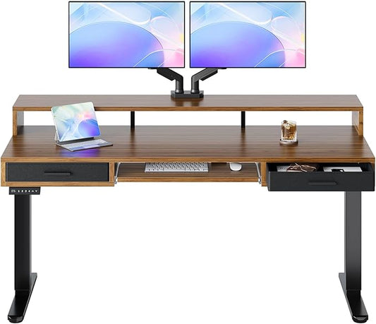 HUANUO 63″ x 26″ Electric Standing Desk with 2 Drawers &24.4″ Large Keyboard Tray, C-Clamp Mount Compatible, Adjustable Computer Desk for Office, Sit Stand Up Desk with 4 Height Presets, Deep Walnut