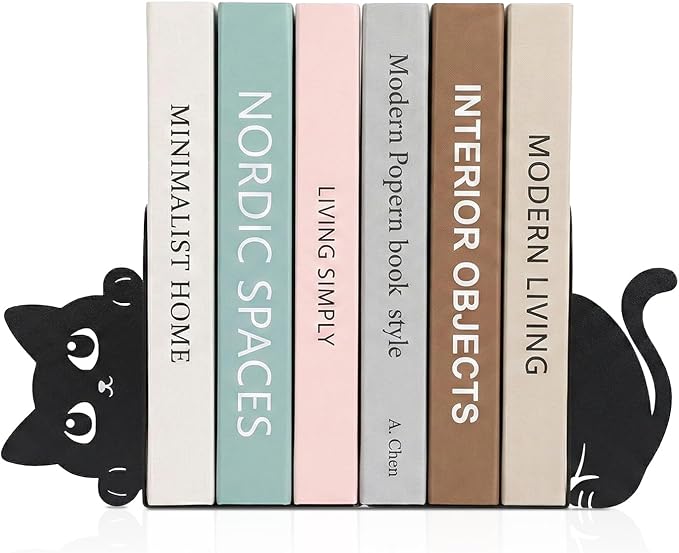 Peeking Cat Metal Bookends Set of 2 with Wider Base, Cute Decorative Book Ends for Shelves Bookshelf Office Home Decor Gift for Cat & Book Lovers
