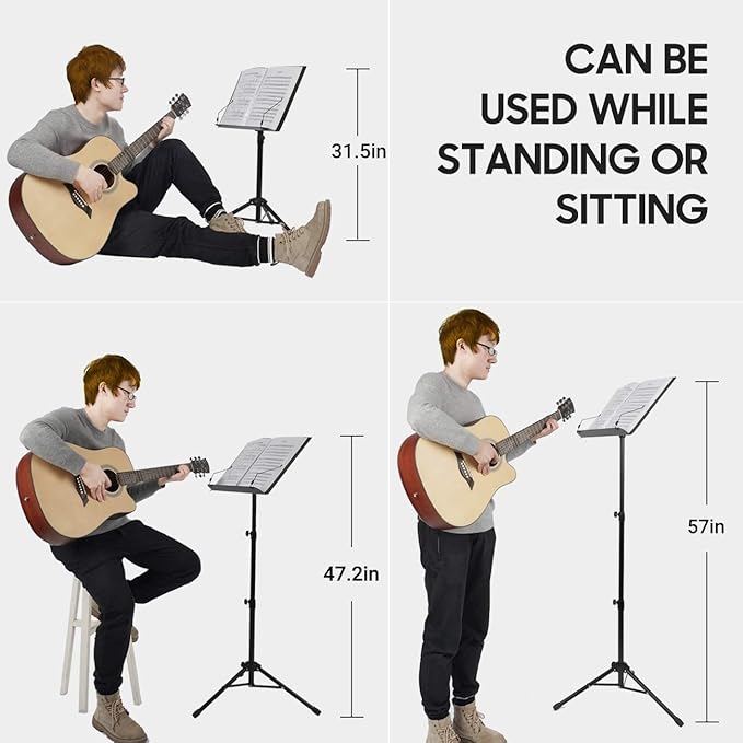 CAHAYA Music Stand for Sheet Music - Dual-use Converts to Desktop Stand Portable& Foldable 31.4-57in Height Adjustable Sturdy to Holds Thick Book or Tablet Include Carrying Bag Sheet Music Folder Clip