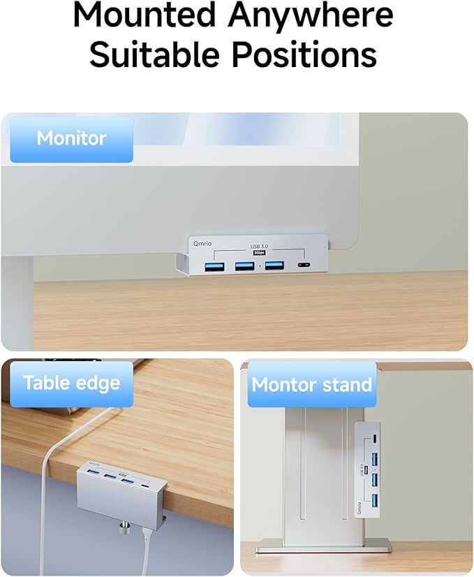 USB Hub 3.0, 5Gbps Clamp USB Hub for Desk/Monitors with Extra Power Supply Port, 3 USB-A Data Ports, USB-C Data Port for iMac Pro/iMac (Silver)
