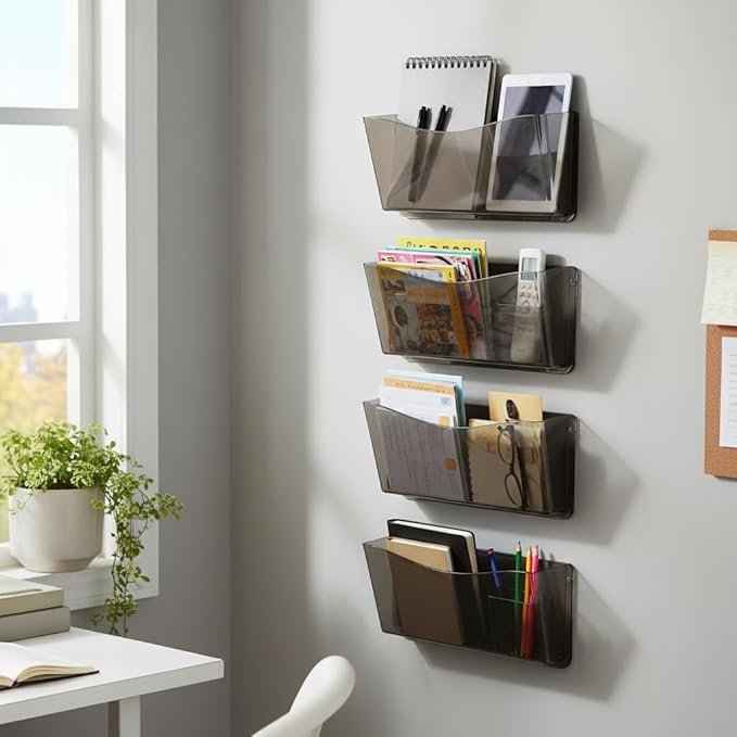 Azar Displays 250025-SMK Clear Plastic Wall Mount File Holder with Hanging Hardware, Smoke Colored, 4-Pack