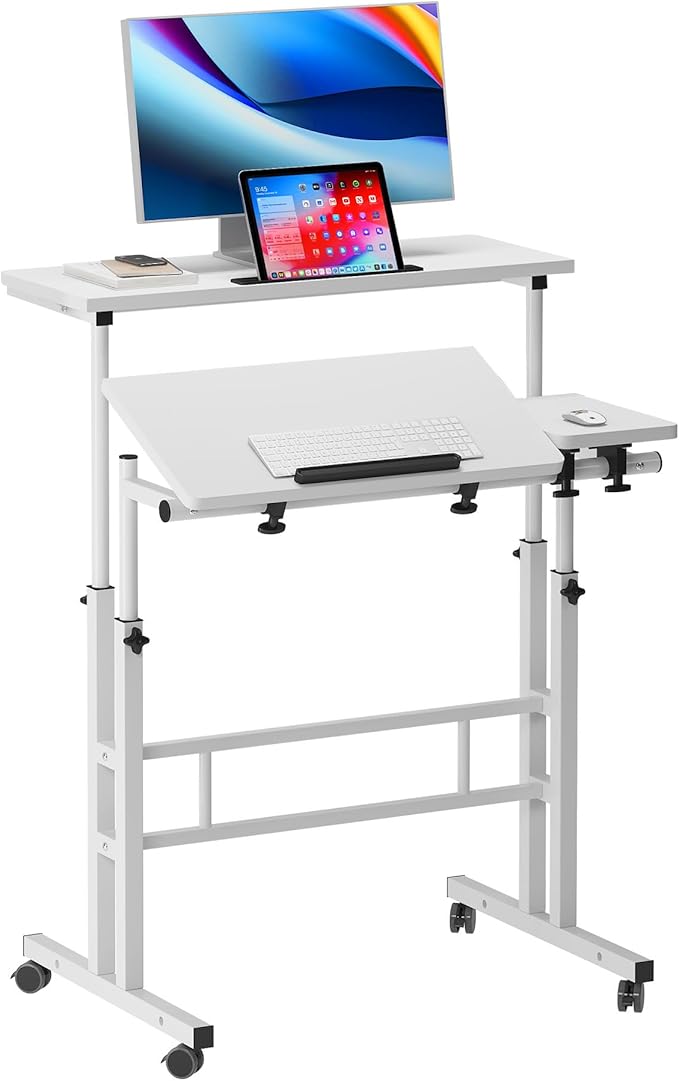 sogesfurniture Rolling Mobile Desk with Cup Holder, Portable, Adjustable Height Small Stand up Desk on Wheels for Home Office Laptop Cart for Standing or Sitting (Basic White)