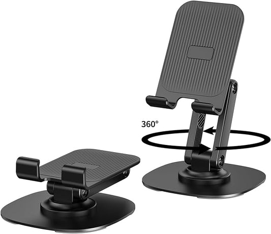 360° Rotating Cell Phone Stand for Desk, Adjustable & Foldable Phone Holder, Aluminum Desktop Phone Stand with Anti-Slip Base, Compatible with iPhone, iPad, Android Phones, K69-Black