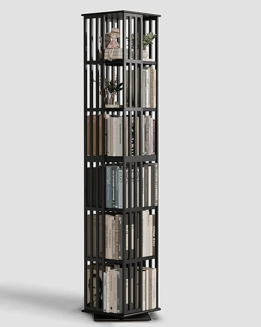 Lauxery Rotating Bookshelf– 6 Tier 360° Bamboo Revolving Bookcase, Spinning Corner Bookshelf, Space-Saving Book Shelf Tower for Small Spaces, Home Office, Living Room Vertical Storage– Black