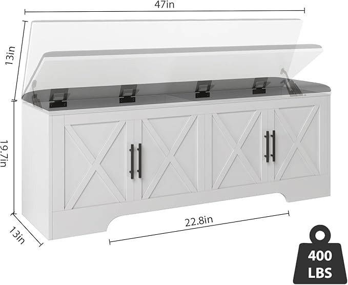 DreamDashio Farmhouse Storage Bench with Lift Top Storage, 47.2" Entryway Bench with Cushioned Seat, End of Bed Bench, Wooden Storage Chest Trunks, for Entryway, Bedroom, Living Room,White